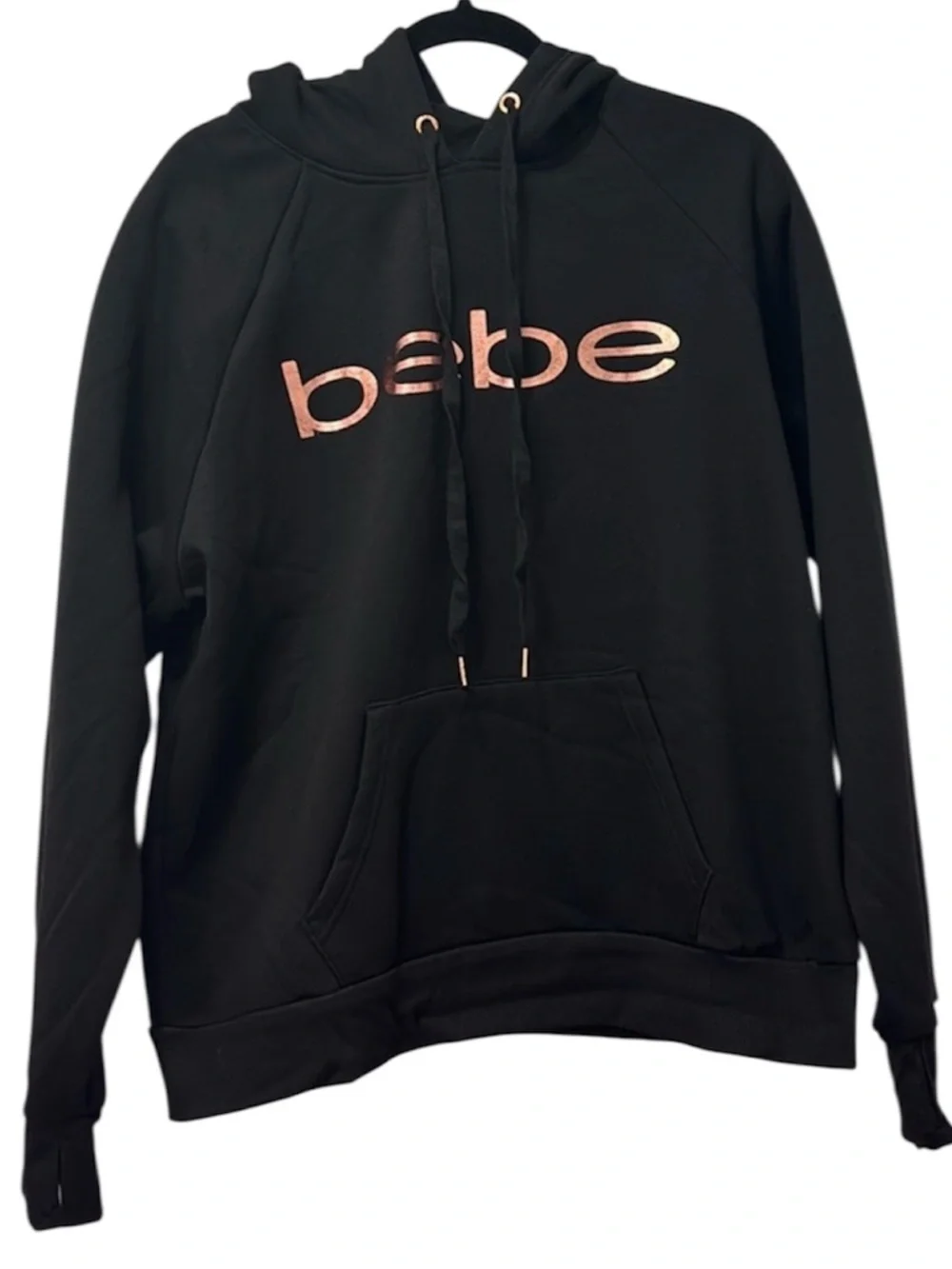 NWT Bebe Women’s Black & Rose Gold Foil Logo Hoodie – Size 2X - Picture 2 of 13